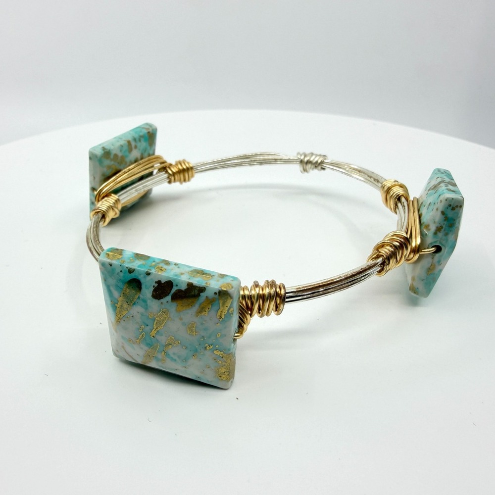 Vintage Turquoise Gold Tone Wire Wrapped Square Bangle Bracelet 7in